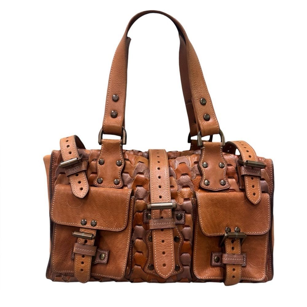 Mulberry Camel Cognac & Taupe Interlocking Woven Leather Roxanne Tote Bag Y2K